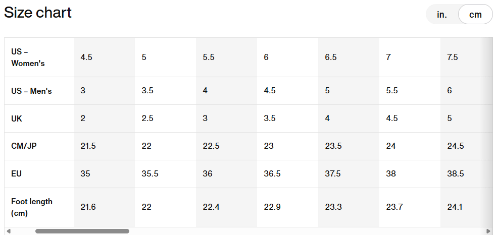 Nike international shoes size guide chart for women