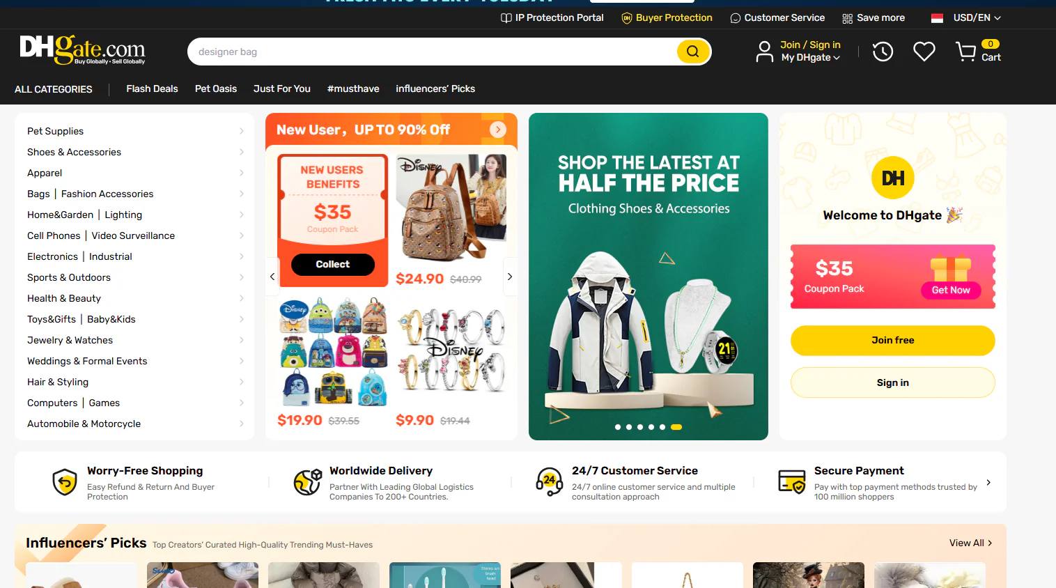 dhgate website home page screenshot