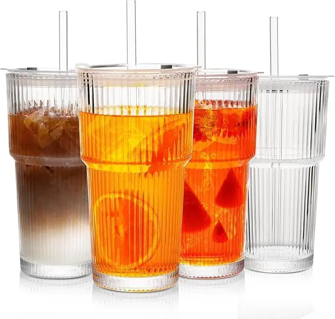 Vintage Ribbed Glass Tumbler with Lid & Straw 1 2026022803132814